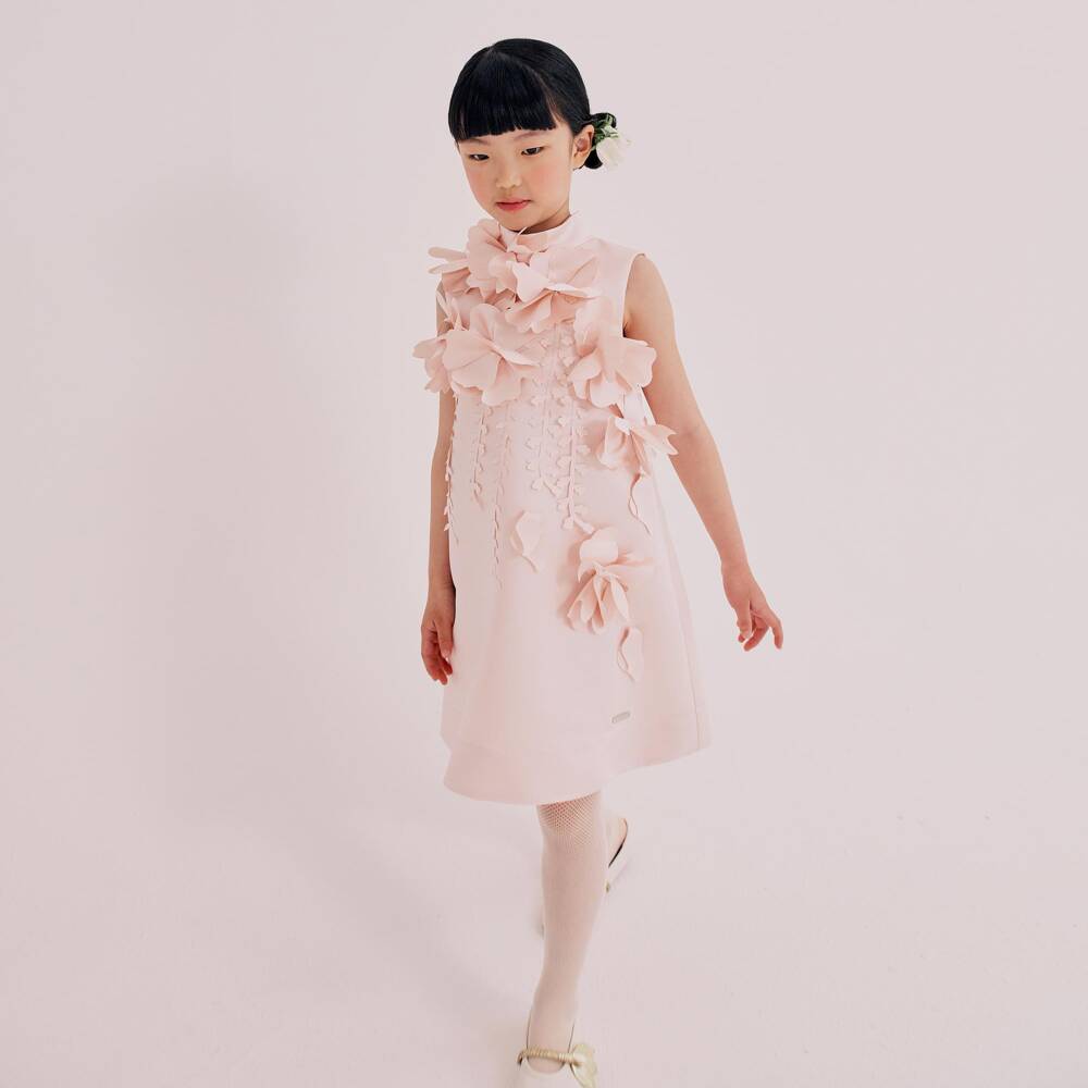 Jessie and James London-Girls Pale Pink Satin Dress with 3D Flowers | Childrensalon