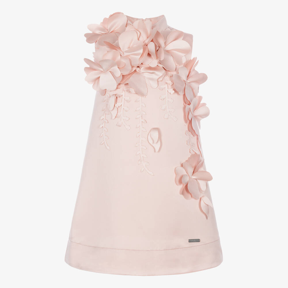Jessie and James London-Girls Pale Pink Satin Dress with 3D Flowers | Childrensalon