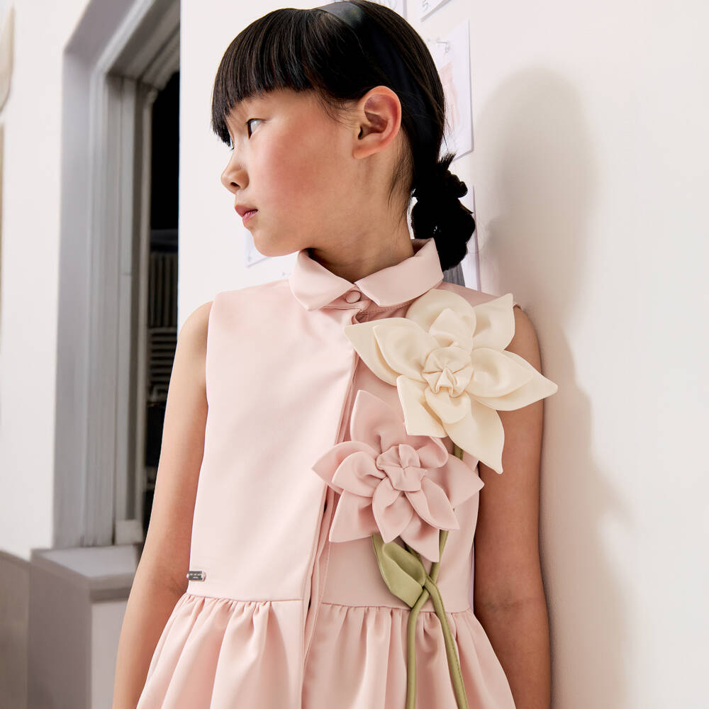 Jessie and James London-Girls Pale Pink Satin Dress with Floral Appliqués | Childrensalon