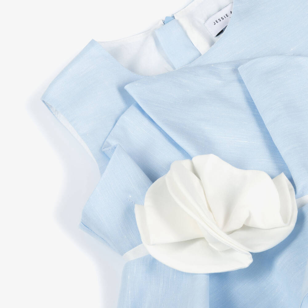 Jessie and James London-Girls Pastel Blue Ruffle Dress with Flower Appliqué | Childrensalon