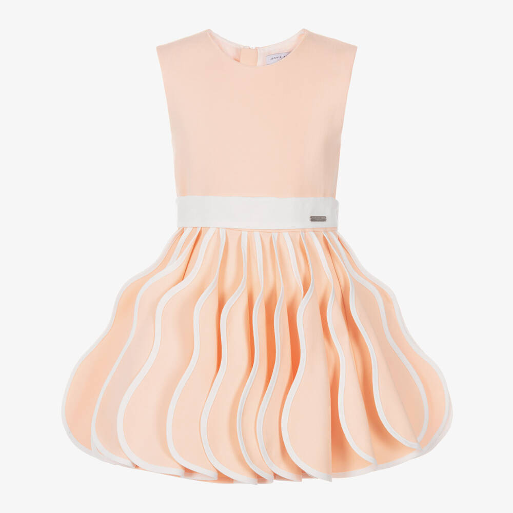 Jessie and James London-Girls Peach & White Cotton Dress with 3D Pleated Skirt | Childrensalon