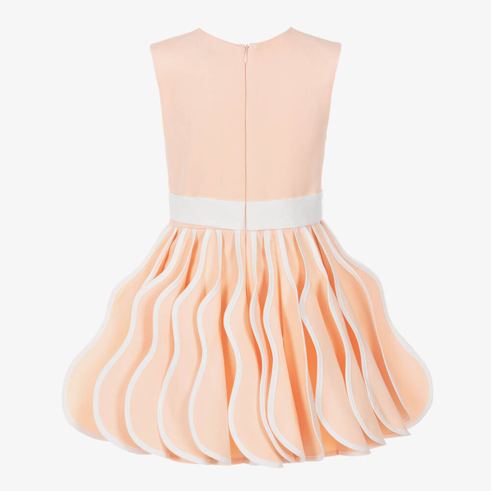 Jessie and James London-Girls Peach & White Cotton Dress with 3D Pleated Skirt | Childrensalon