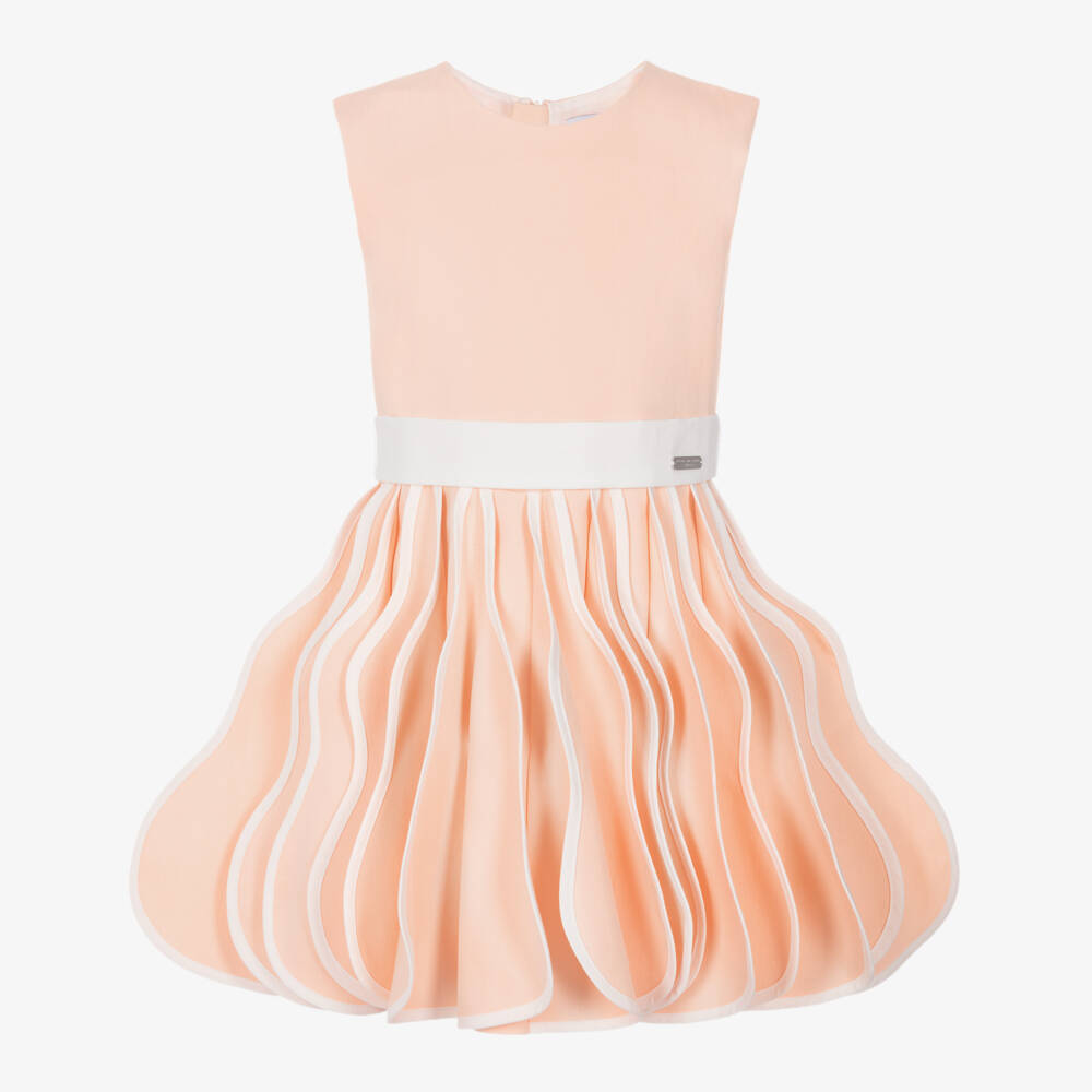 Jessie and James London-فستان قطن بكسرات بتصميم 3D لون خوخي وأبيض للبنات | Childrensalon