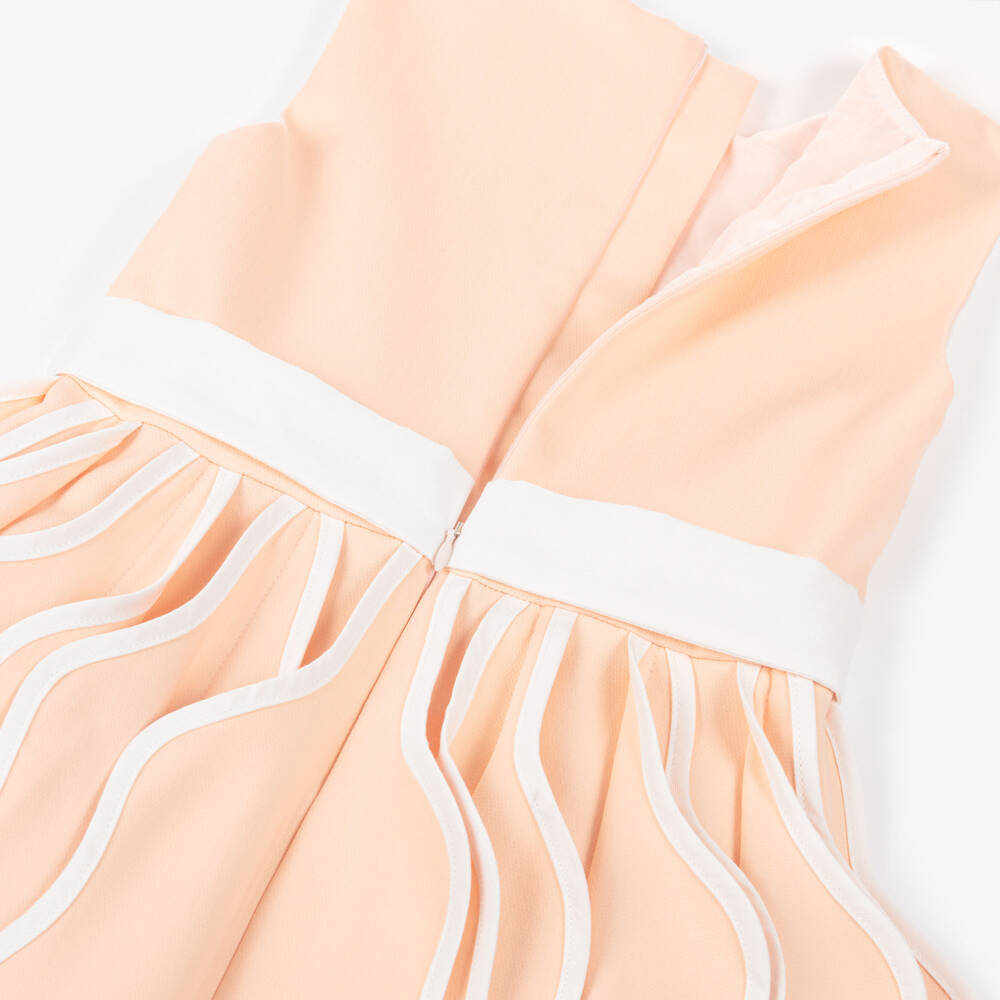 Jessie and James London-Girls Peach & White Cotton Dress with 3D Pleated Skirt | Childrensalon
