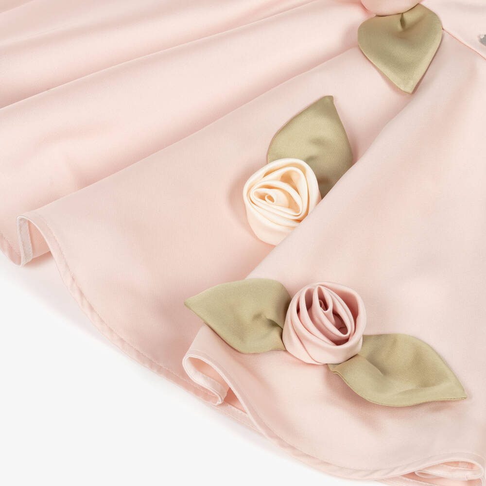 Jessie and James London-Girls Pink Satin Dress with 3D Floral Appliqués | Childrensalon