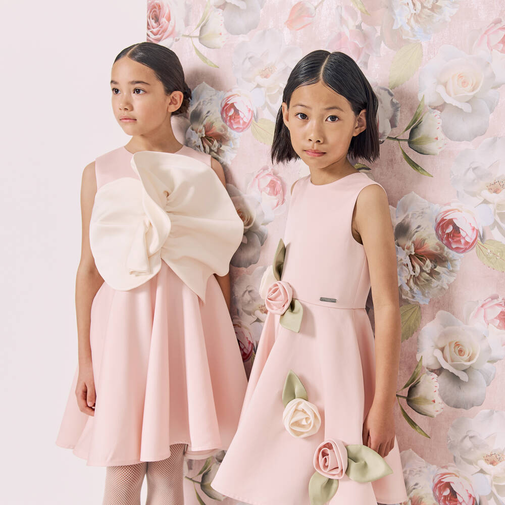 Jessie and James London-Платье розовое из сатина с 3D цветочными аппликациями для девочек | Childrensalon