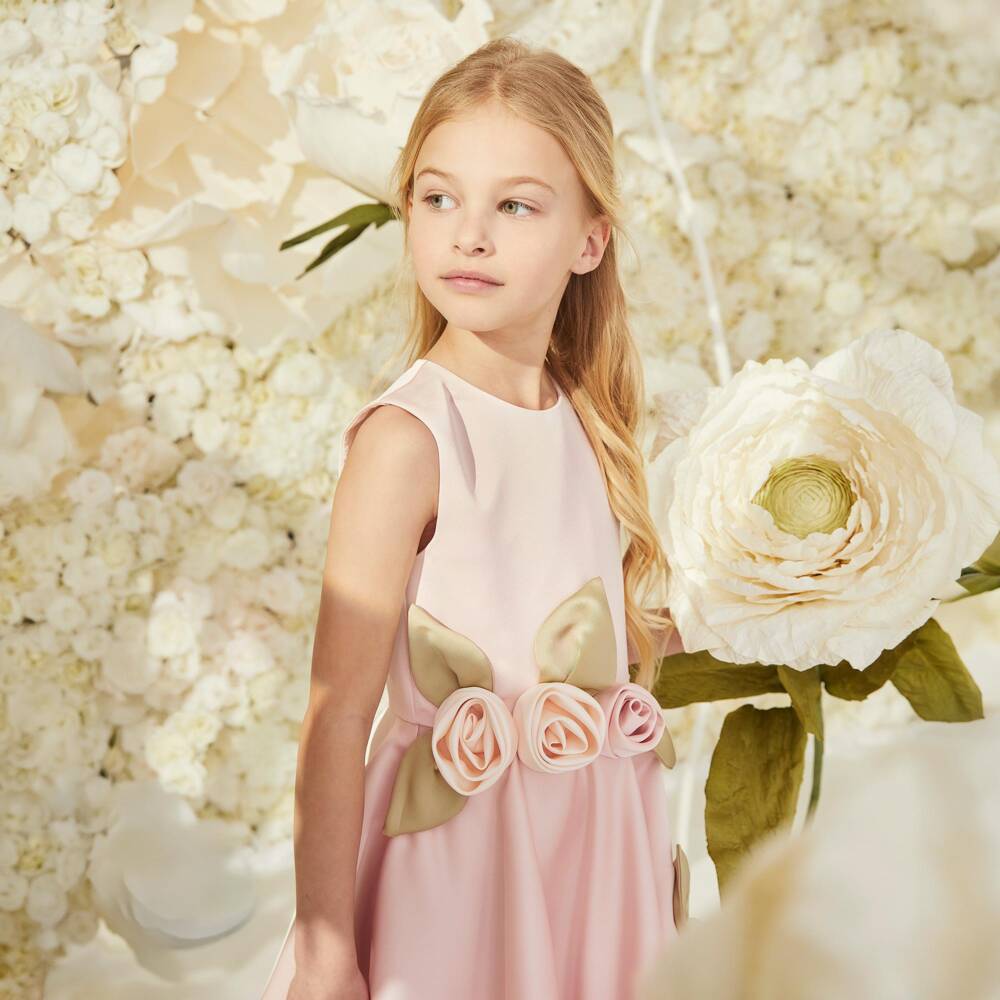 Jessie and James London-Girls Pink Satin Dress with 3D Floral Appliqués | Childrensalon