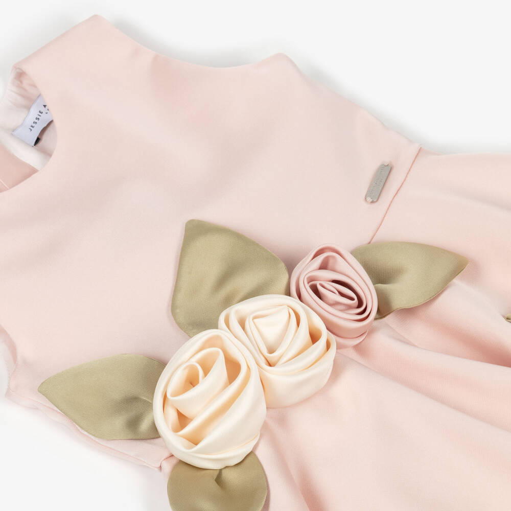 Jessie and James London-Girls Pink Satin Dress with 3D Floral Appliqués | Childrensalon