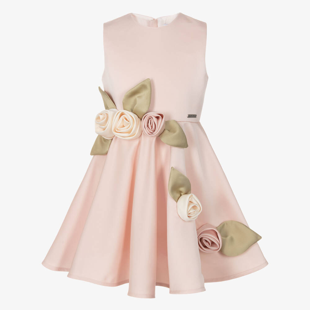 Jessie and James London-Girls Pink Satin Dress with 3D Floral Appliqués | Childrensalon