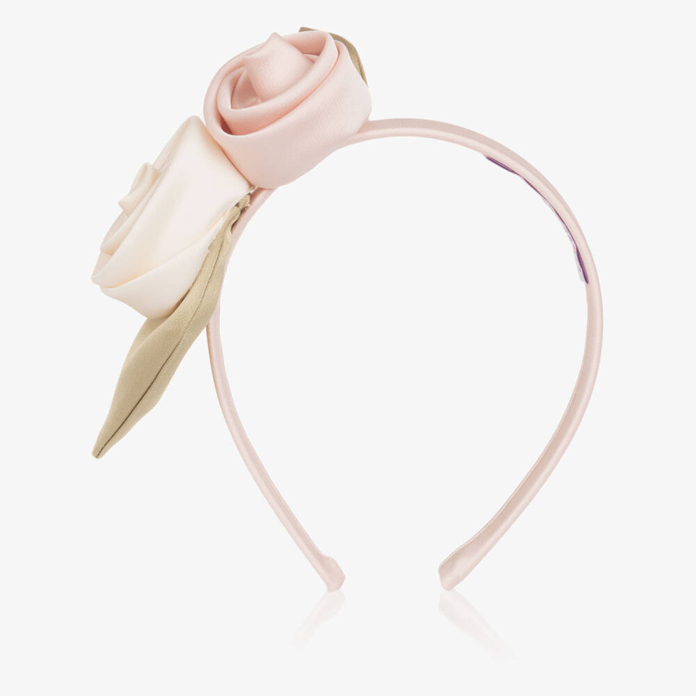 Jessie and James London-Girls Pink Satin Hairband with Ivory & Pink Flowers | Childrensalon