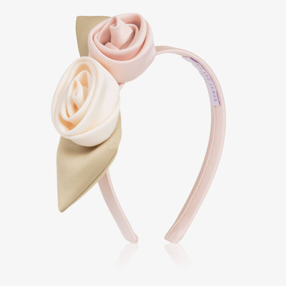 Jessie and James London-Girls Pink Satin Hairband with Ivory & Pink Flowers | Childrensalon