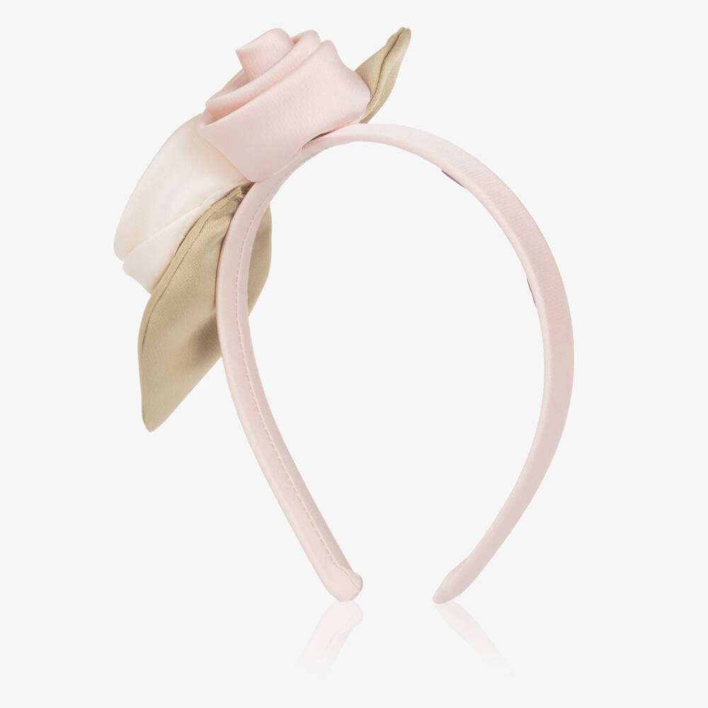Jessie and James London-Girls Pink Satin Hairband with Ivory & Pink Flowers | Childrensalon