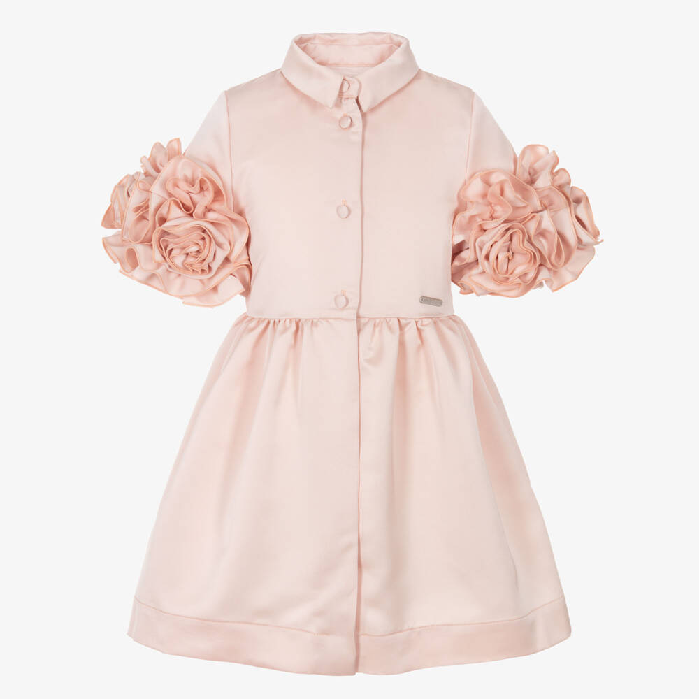 Jessie and James London-Girls Pink Satin Ruffle Sleeve Dress | Childrensalon