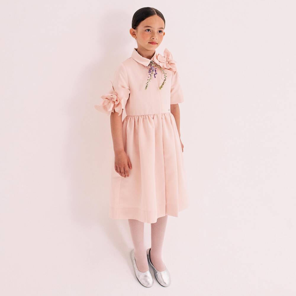 Jessie and James London-Girls Pink Satin Shirt Dress with 3D Flowers | Childrensalon