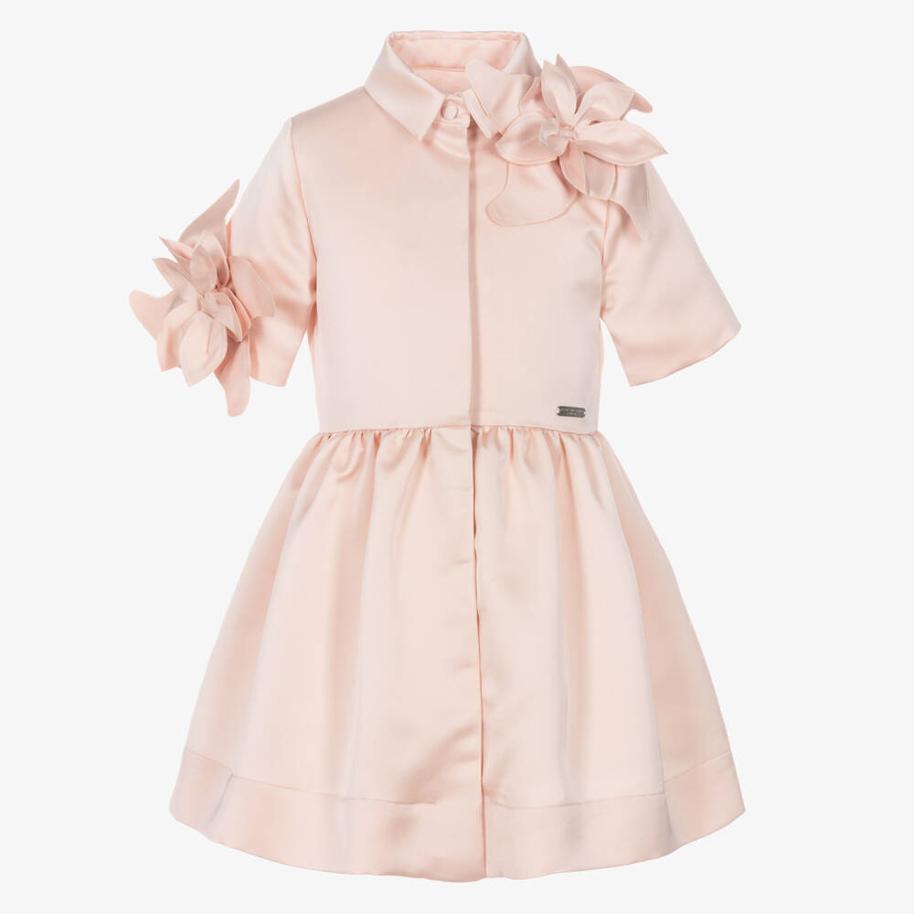 Jessie and James London-Girls Pink Satin Shirt Dress with 3D Flowers | Childrensalon