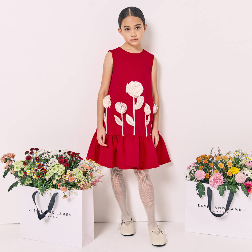 Jessie and James London-Girls Red Cotton Twill 3D Flower Dress | Childrensalon