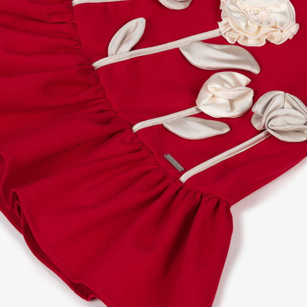 Jessie and James London-Girls Red Cotton Twill 3D Flower Dress | Childrensalon