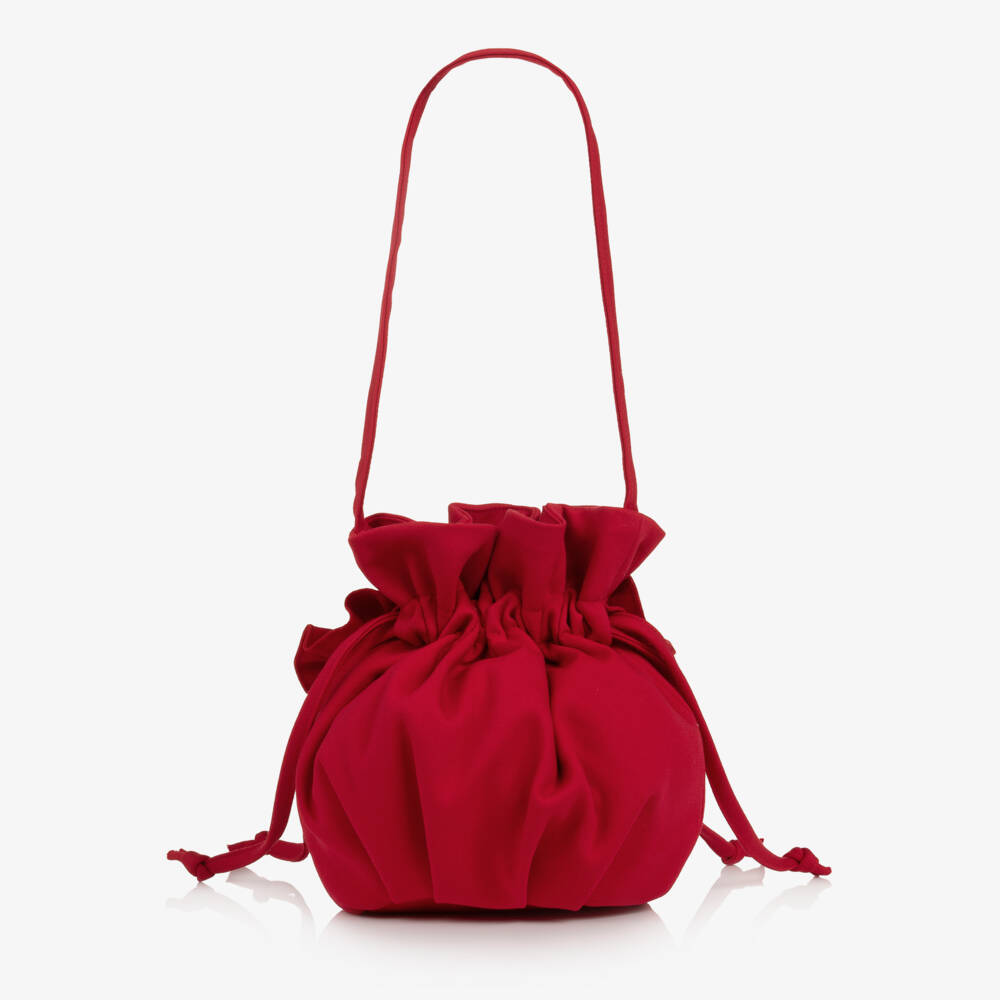 Jessie and James London-Girls Red Drawstring Handbag with 3D Flowers (20cm) | Childrensalon