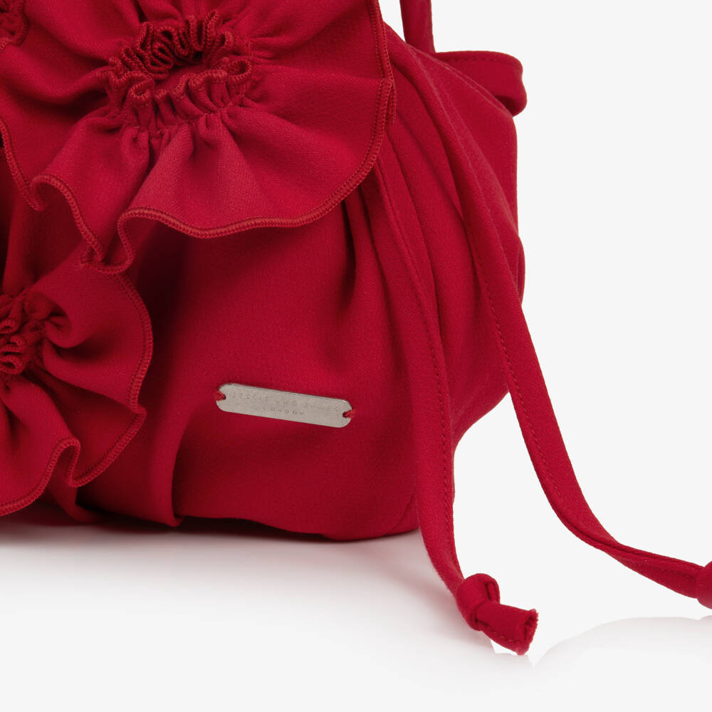 Jessie and James London-Girls Red Drawstring Handbag with 3D Flowers (20cm) | Childrensalon