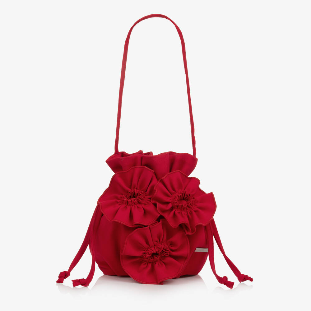 Jessie and James London-Girls Red Drawstring Handbag with 3D Flowers (20cm) | Childrensalon