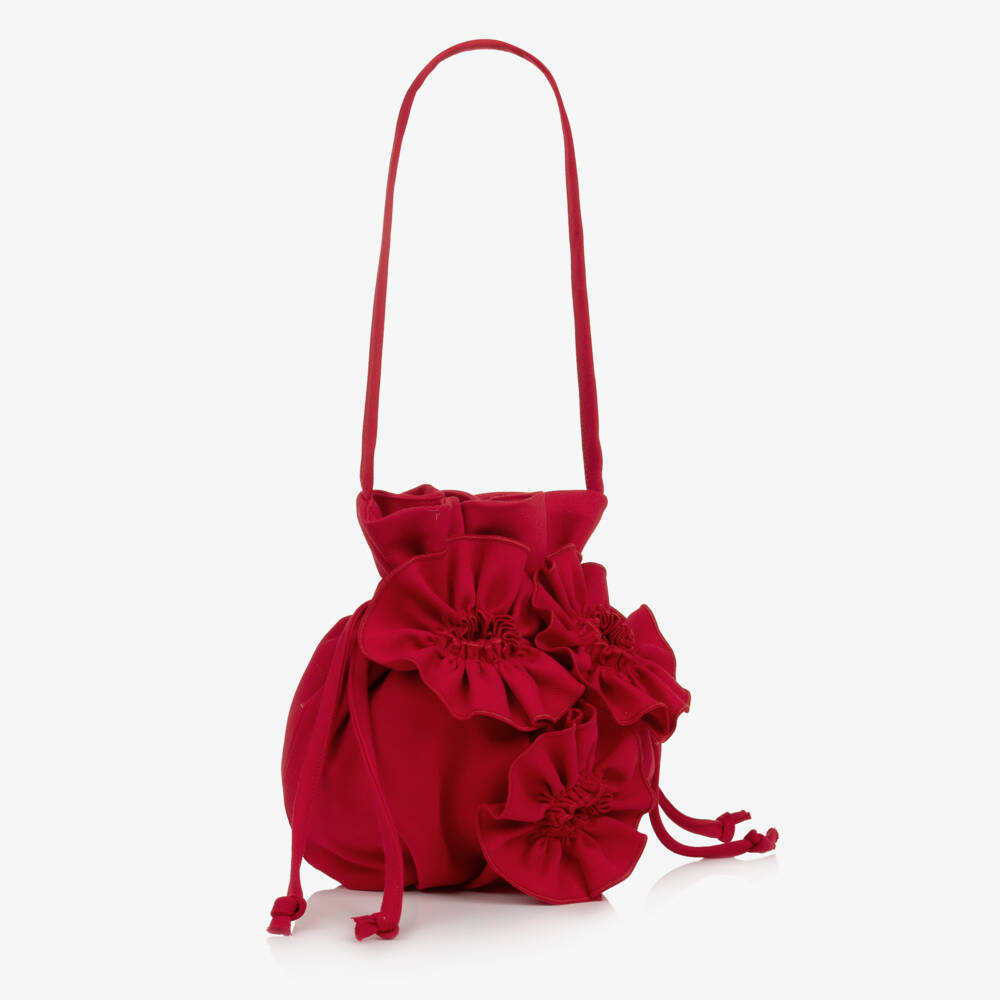 Jessie and James London-Girls Red Drawstring Handbag with 3D Flowers (20cm) | Childrensalon