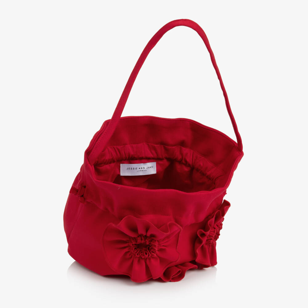 Jessie and James London-Girls Red Drawstring Handbag with 3D Flowers (20cm) | Childrensalon