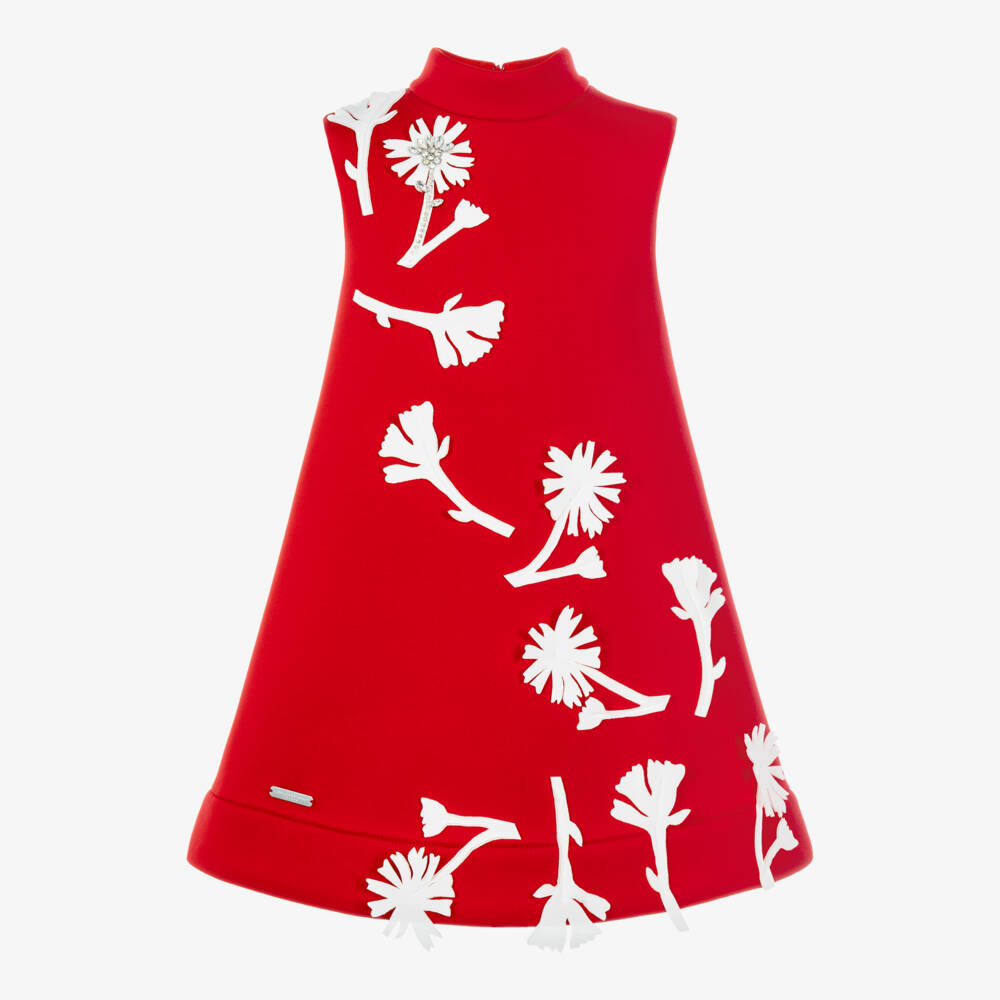Jessie and James London-Girls Red Neoprene Dress with Laser-Cut Flowers | Childrensalon