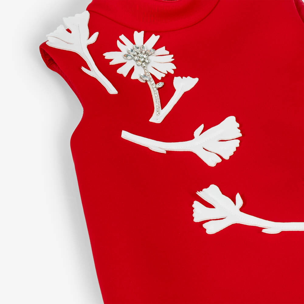 Jessie and James London-Girls Red Neoprene Dress with Laser-Cut Flowers | Childrensalon