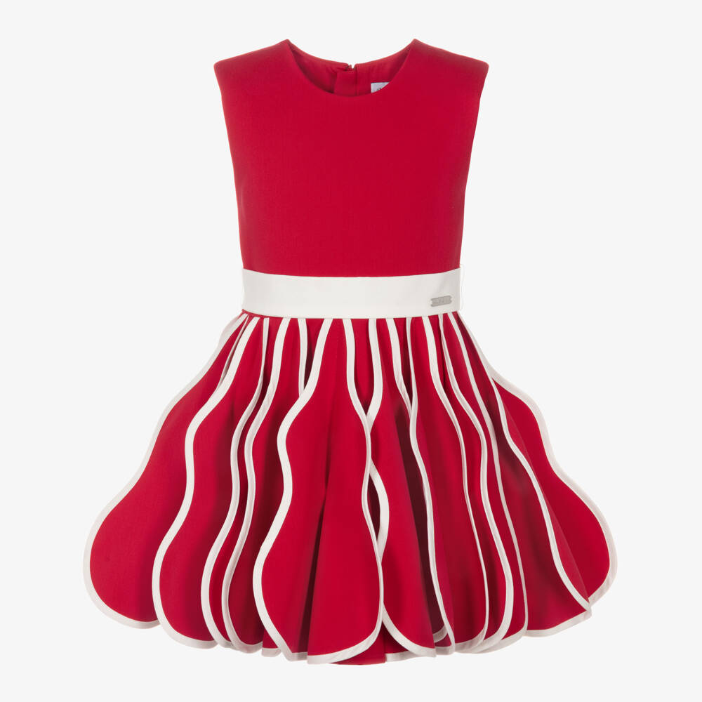 Jessie and James London-Girls Red & White Cotton Dress with 3D Pleated Skirt | Childrensalon