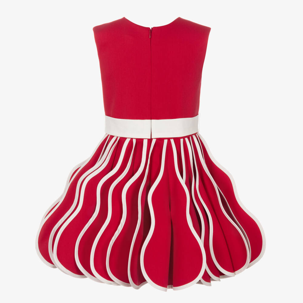 Jessie and James London-Girls Red & White Cotton Dress with 3D Pleated Skirt | Childrensalon