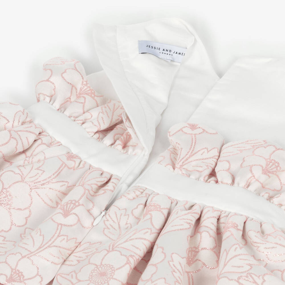 Jessie and James London-Girls Shimmery Pink Floral Jacquard Scalloped Dress | Childrensalon