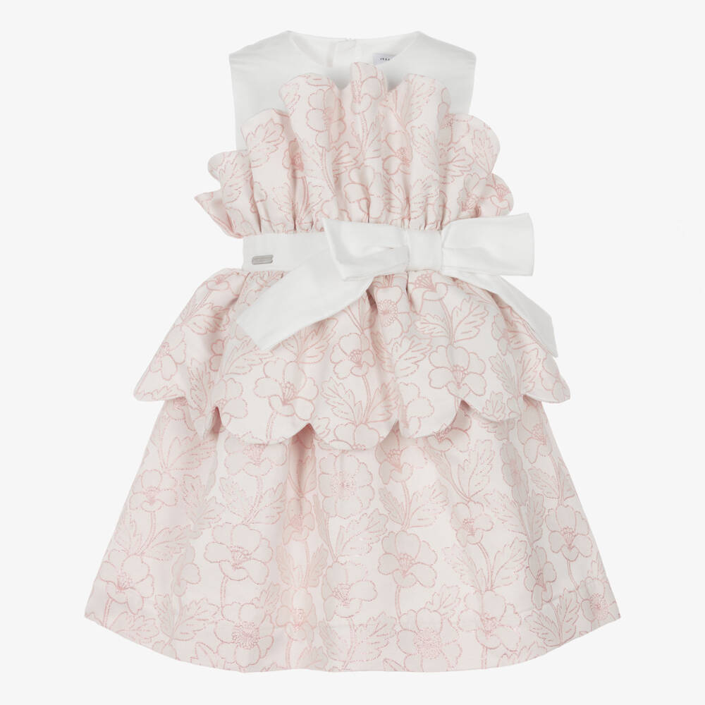 Jessie and James London-Girls Shimmery Pink Floral Jacquard Scalloped Dress | Childrensalon