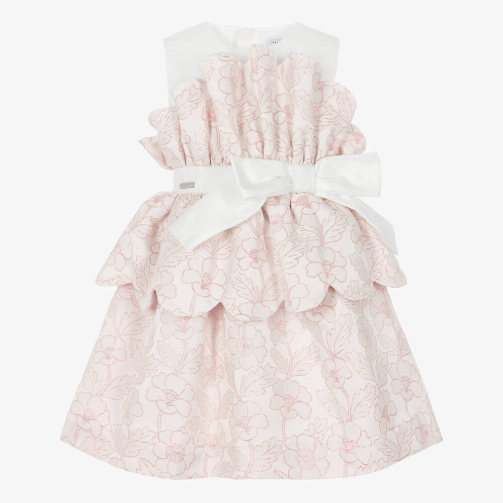 Jessie and James London-Girls Shimmery Pink Floral Jacquard Scalloped Dress | Childrensalon