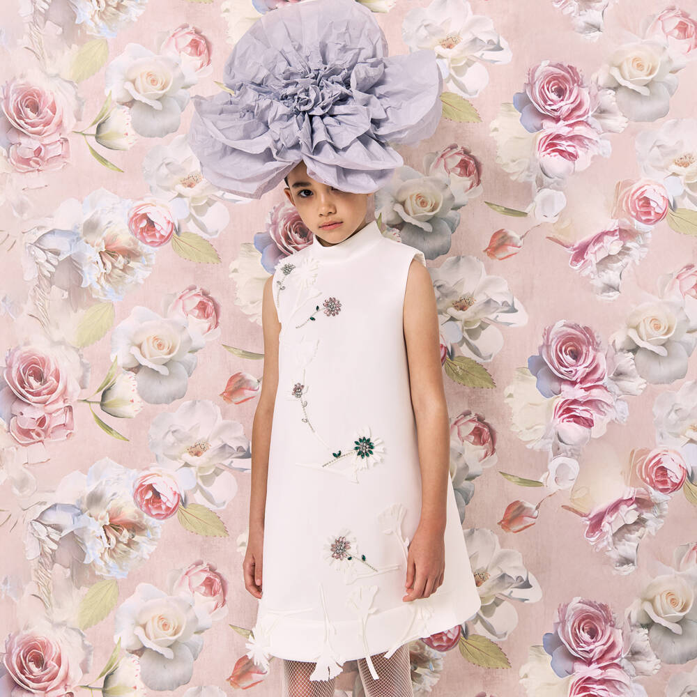 Jessie and James London-Girls White A-Line Dress with Diamanté Flowers | Childrensalon