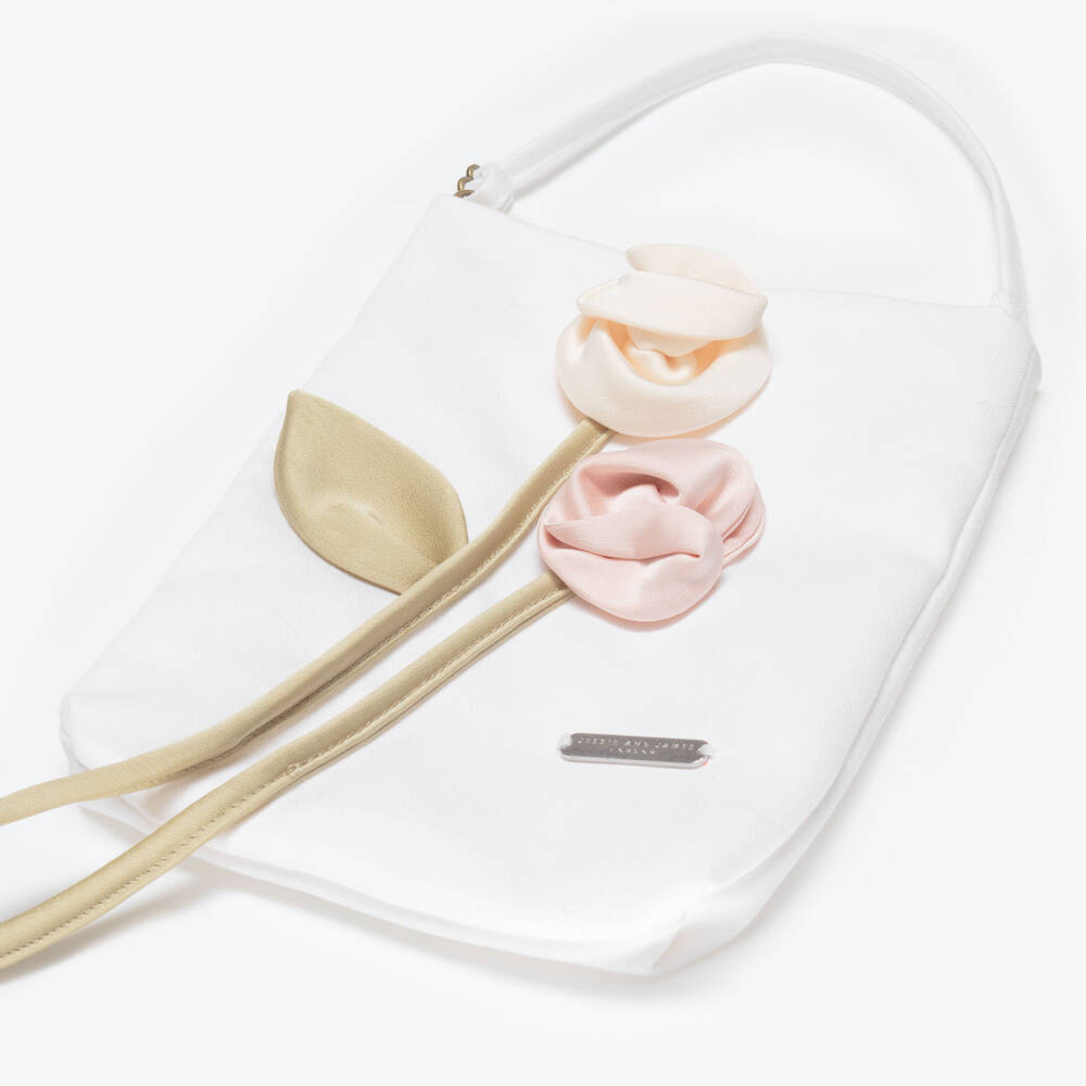 Jessie and James London-Girls White Cotton Bag with 3D Flower Appliqués (20cm) | Childrensalon