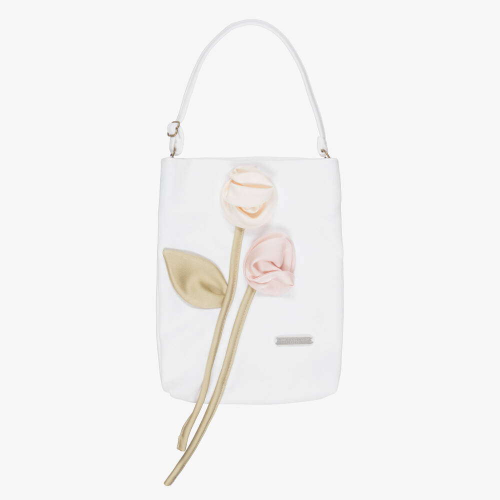 Jessie and James London-Girls White Cotton Bag with 3D Flower Appliqués (20cm) | Childrensalon