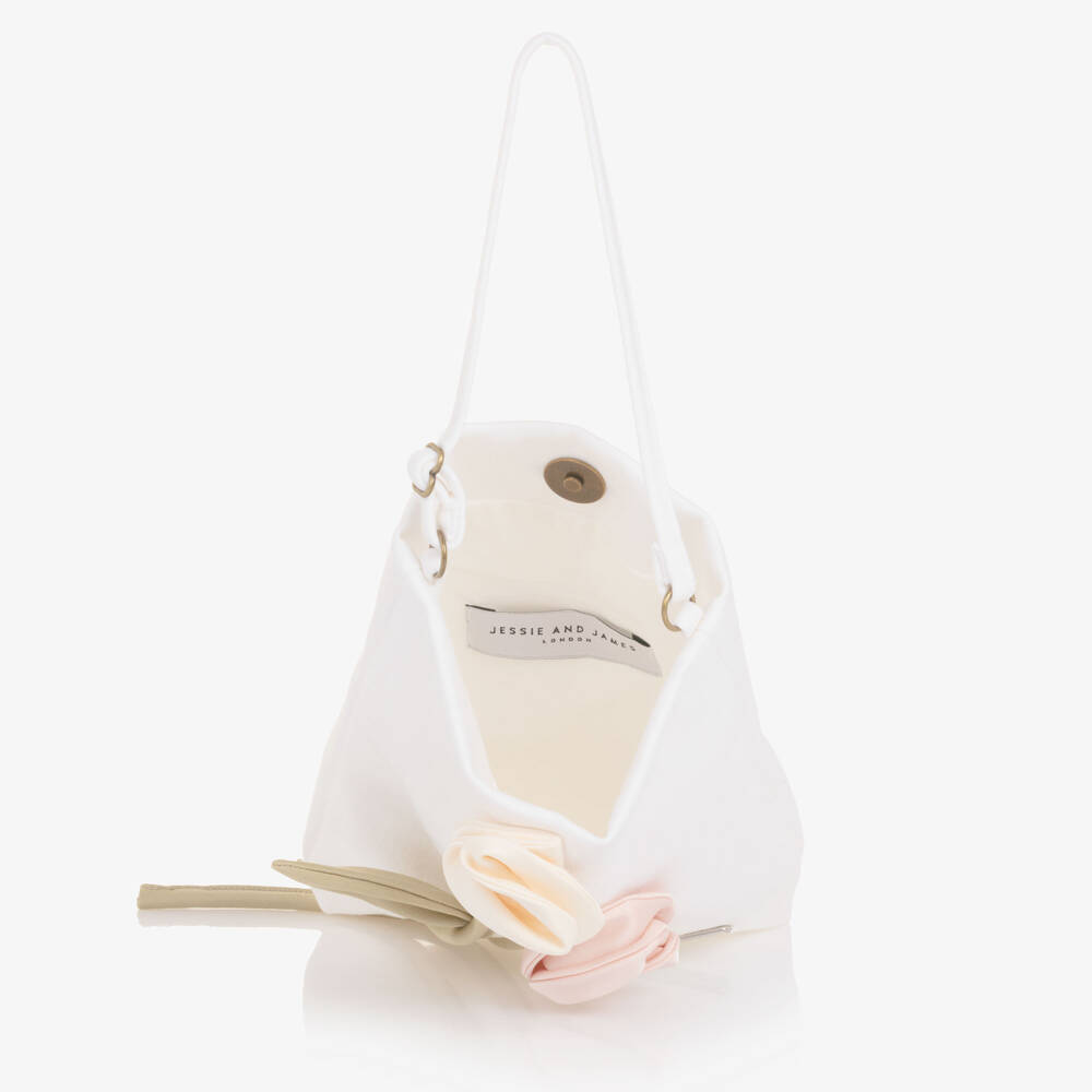Jessie and James London-Girls White Cotton Bag with 3D Flower Appliqués (20cm) | Childrensalon