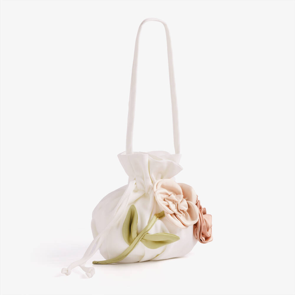 Jessie and James London-Girls White Drawstring Handbag with Roses (21cm) | Childrensalon