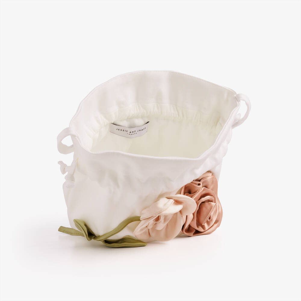 Jessie and James London-Girls White Drawstring Handbag with Roses (21cm) | Childrensalon