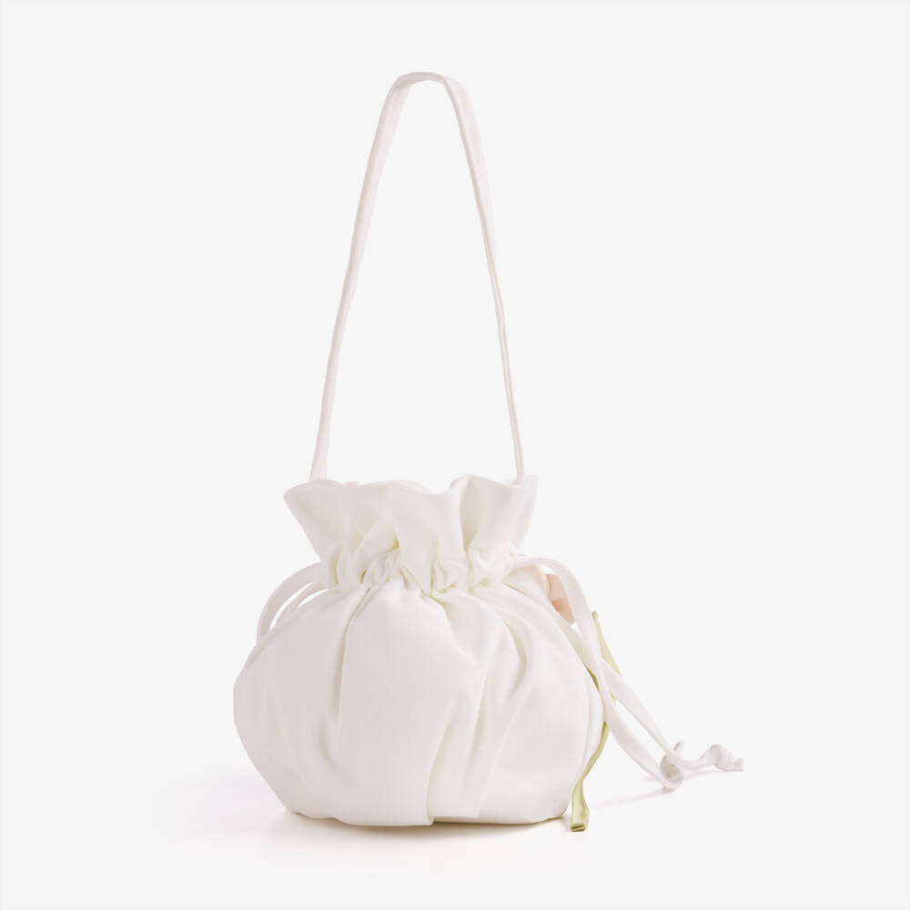 Jessie and James London-Girls White Drawstring Handbag with Roses (21cm) | Childrensalon
