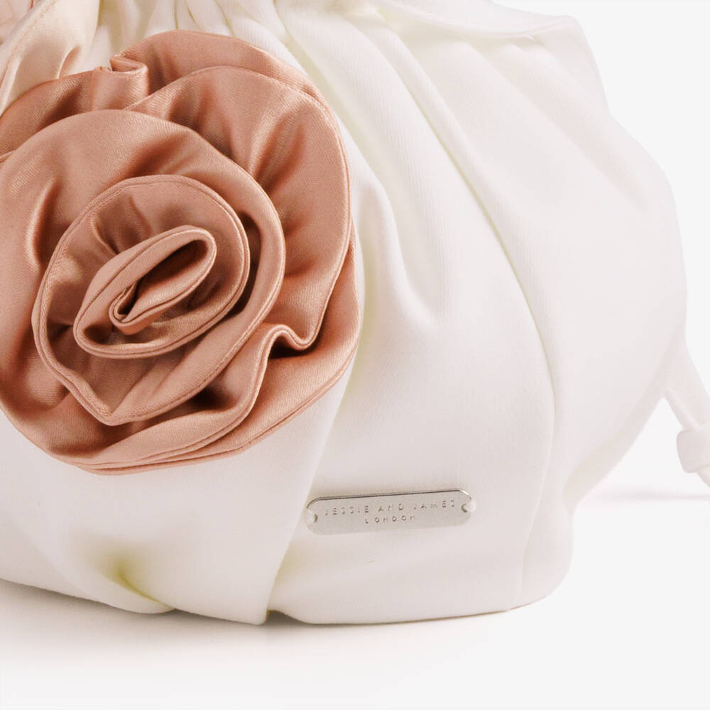 Jessie and James London-Girls White Drawstring Handbag with Roses (21cm) | Childrensalon