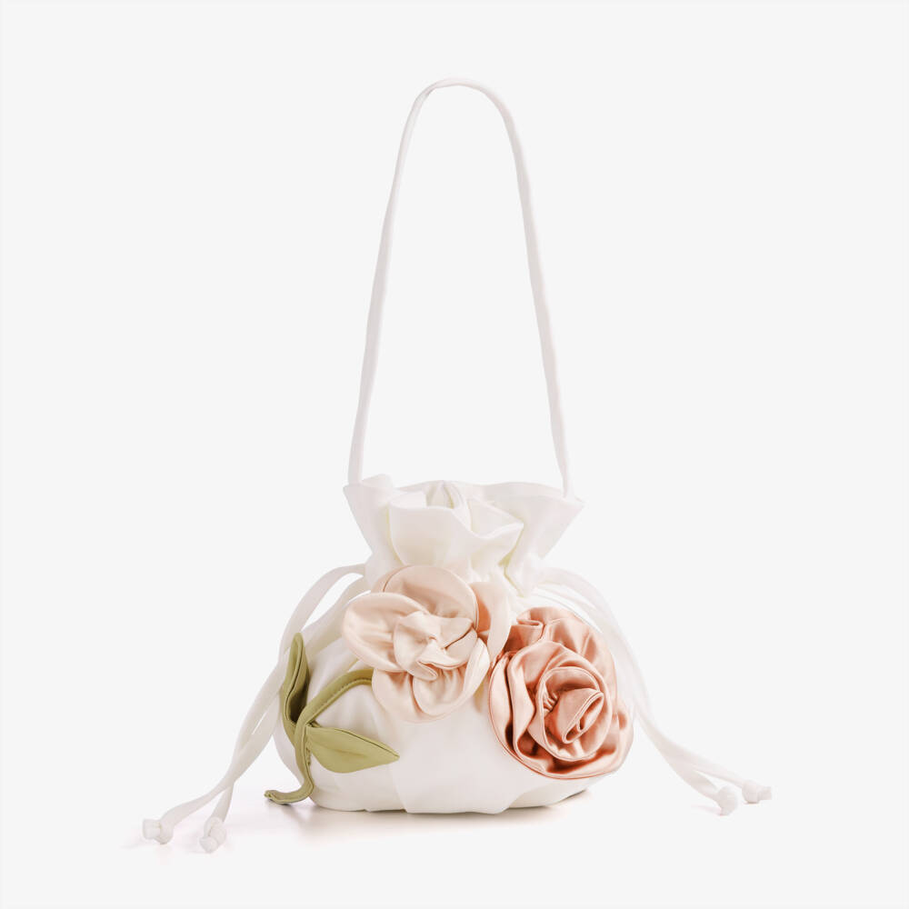 Jessie and James London-Girls White Drawstring Handbag with Roses (21cm) | Childrensalon