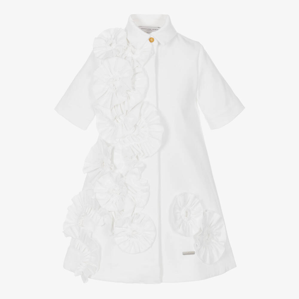 Jessie and James London-Girls White Shirt Dress with 3D Flowers | Childrensalon