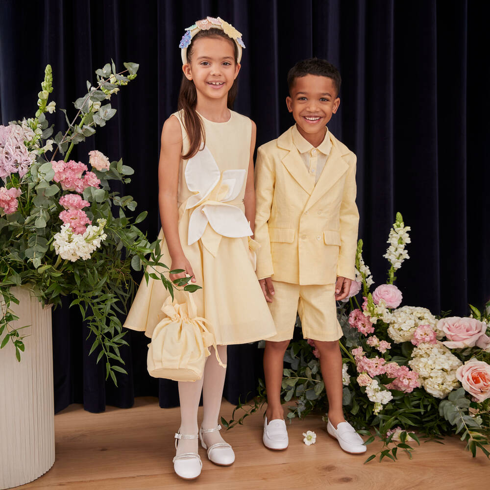 Jessie and James London-Сумка желтая из хлопка и хемпа с цветочной аппликацией для девочек (21см) | Childrensalon