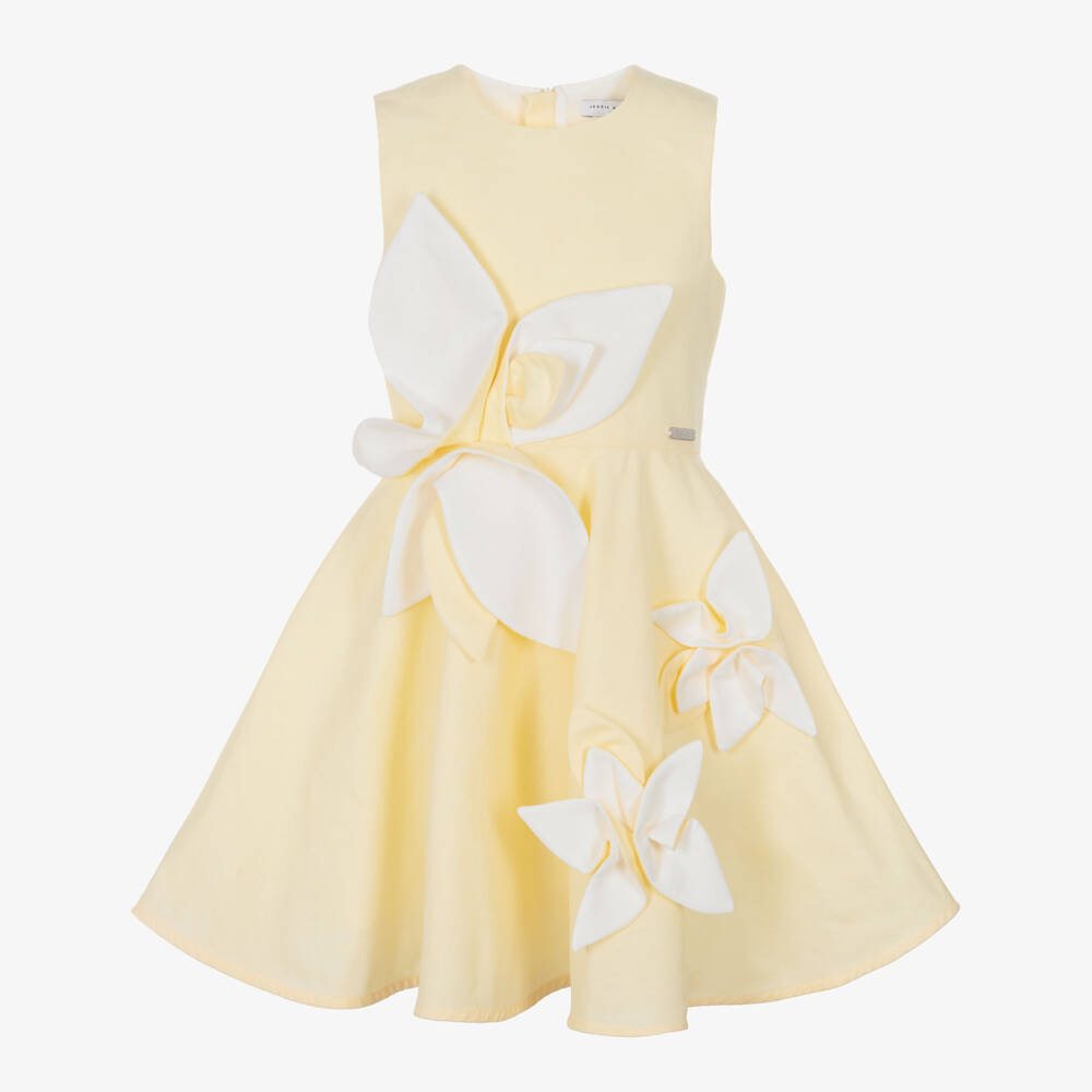 Jessie and James London-Girls Yellow Cotton & Hemp Dress with Floral Appliqués | Childrensalon