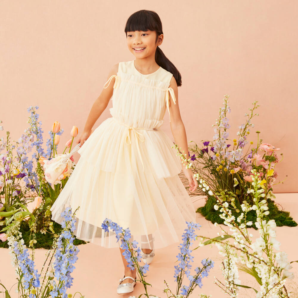 Jessie and James London-Girls Yellow Dress with Gathered Tulle Overlay & Bows | Childrensalon