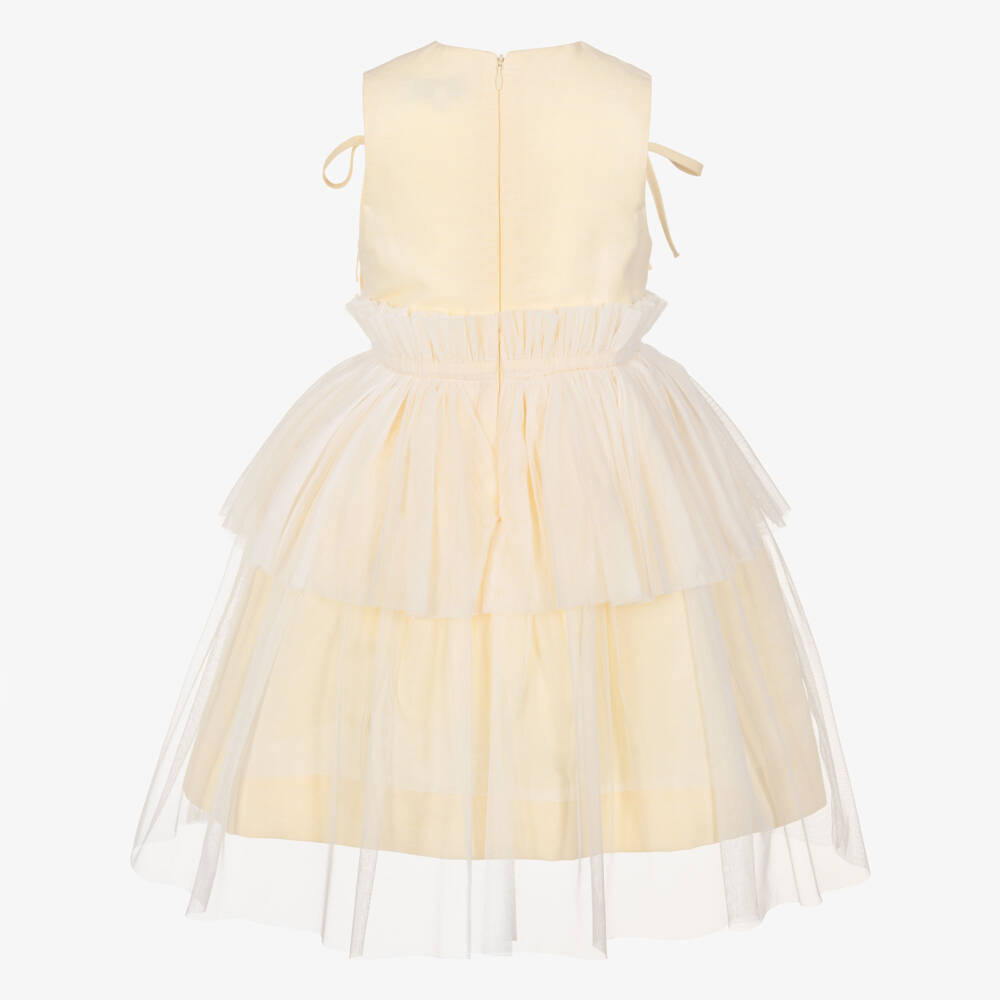 Jessie and James London-Girls Yellow Dress with Gathered Tulle Overlay & Bows | Childrensalon