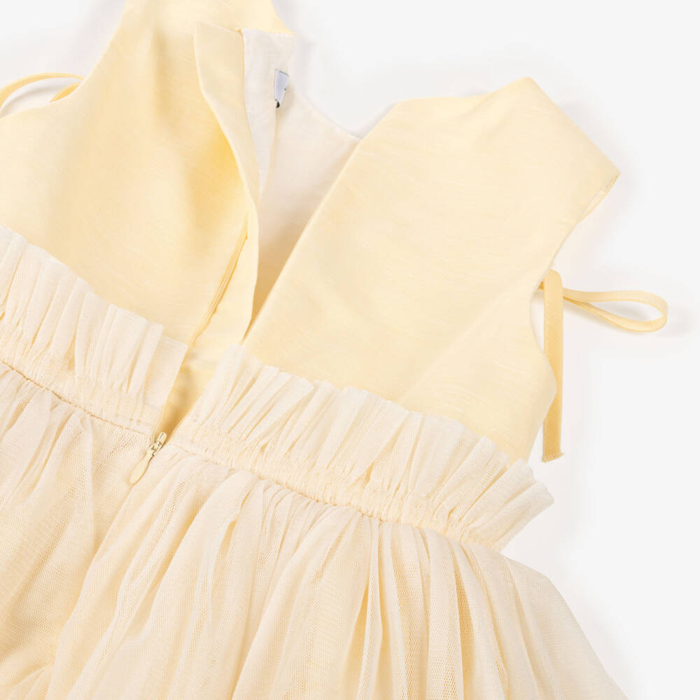 Jessie and James London-Girls Yellow Dress with Gathered Tulle Overlay & Bows | Childrensalon