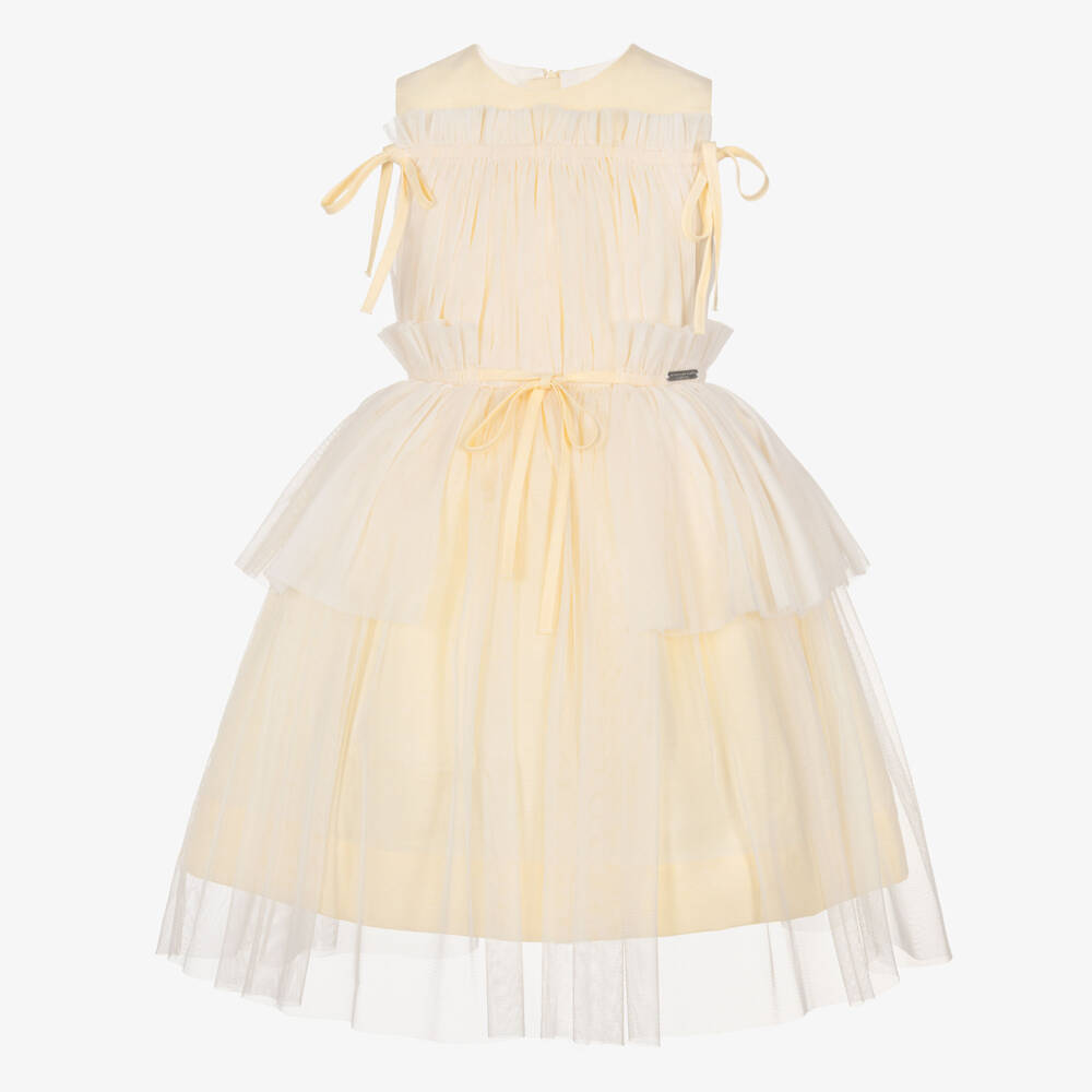 Jessie and James London-Girls Yellow Dress with Gathered Tulle Overlay & Bows | Childrensalon