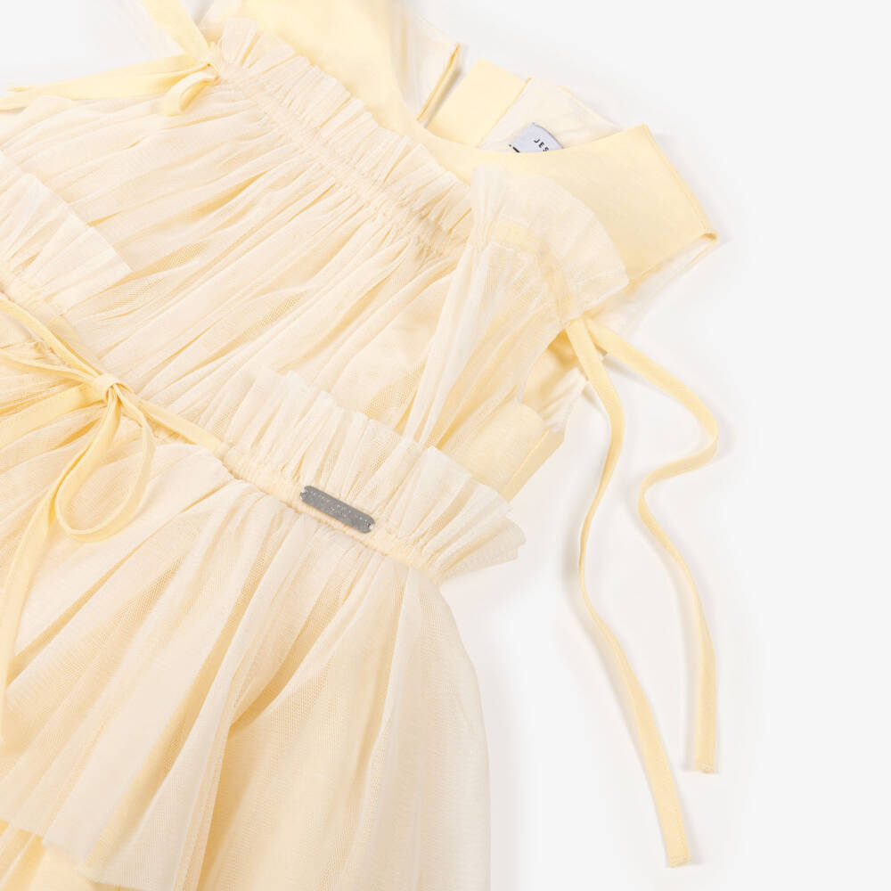 Jessie and James London-Girls Yellow Dress with Gathered Tulle Overlay & Bows | Childrensalon